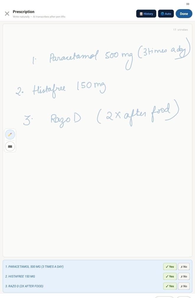 ClausRX prescription pad with three medicines handwritten by stylus and their AI transcriptions shown below, each with Yes and No buttons